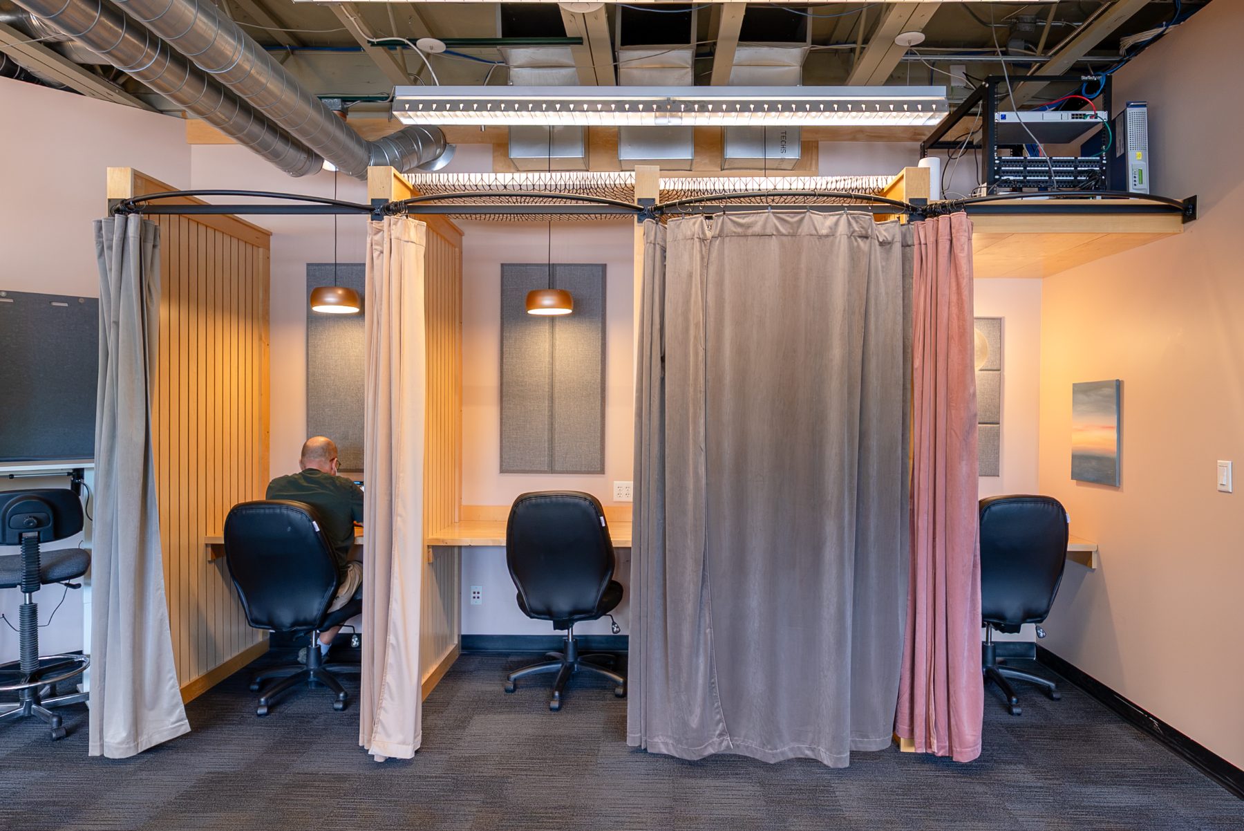 Curtained desk booths